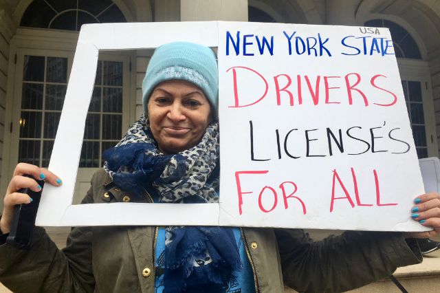 Cecilia Vasquez at a rally supporting driver's licenses for undocumented New Yorkers last December